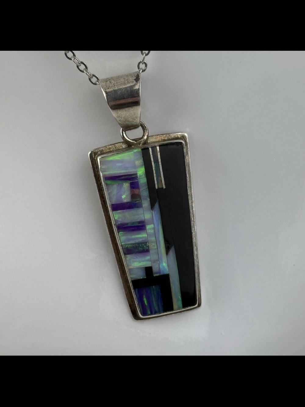 Fire Opal Onyx Inlay Sterling Silver Pendant Necklace Southwestern Navajo Style!